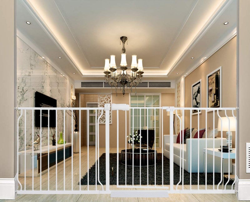 ALLAIBB Extra Wide Pressure Mounted Baby Gate Walk Through Child Kids Safety Toddler Tension White Long Large Pet Dog Gates with Extension for doorways Kitchen (76.38"-81.10"/194-206cm) - Image 1